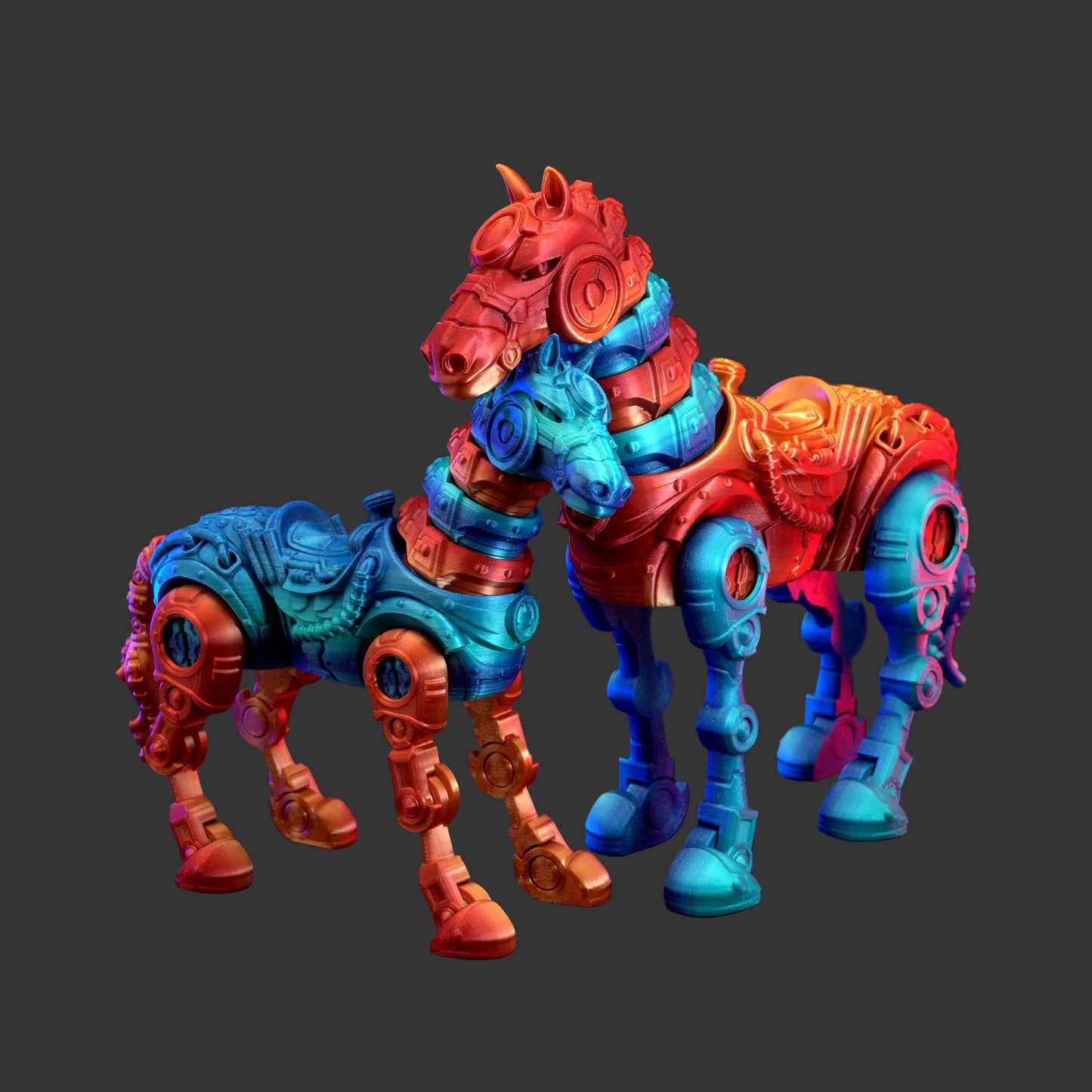 Colorful horse-shaped toy with mechanical design on a dark background