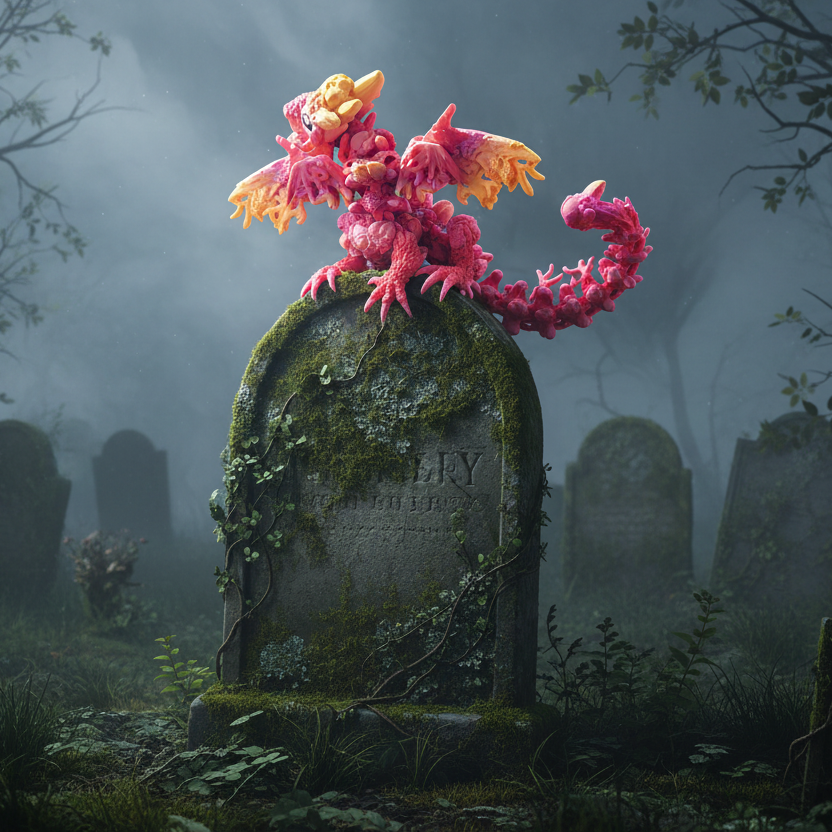 Pink dragon on a tombstone in a foggy cemetery