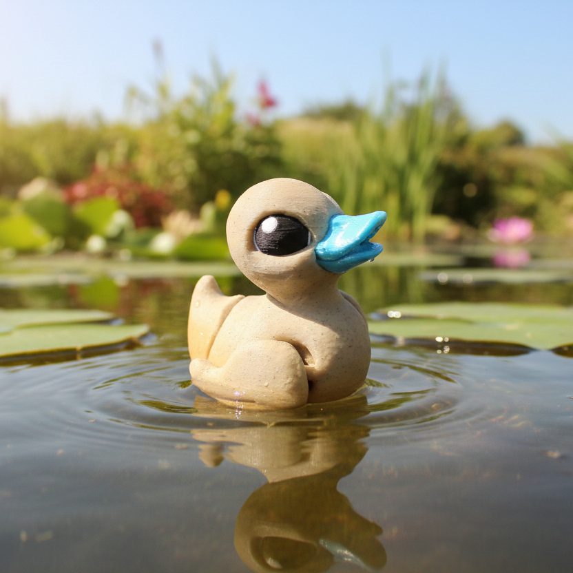 Small duck figurine with a blue beak on a white background