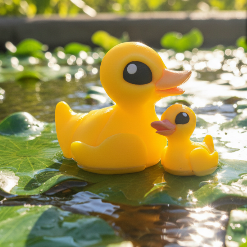 A small, bright yellow 3D-printed duck fidget toy with a Tiny Duck design, posed with a duckling on a green leaf background.