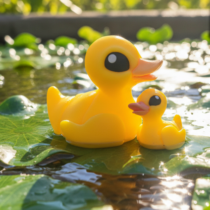 A small, bright yellow 3D-printed duck fidget toy with a Tiny Duck design, posed with a duckling on a green leaf background.