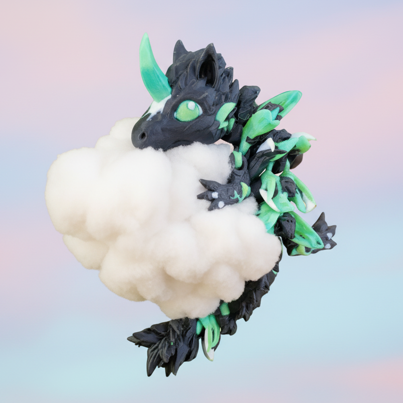 Toy dragon figure on a cloud with a gradient background