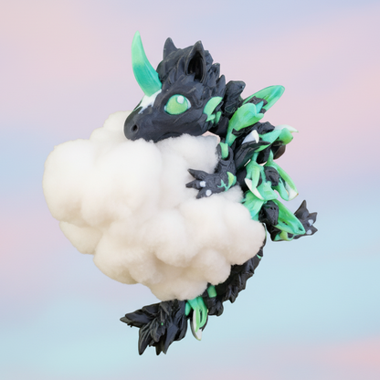 Toy dragon figure on a cloud with a gradient background