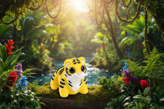 Small yellow tiger figurine on a jungle background
