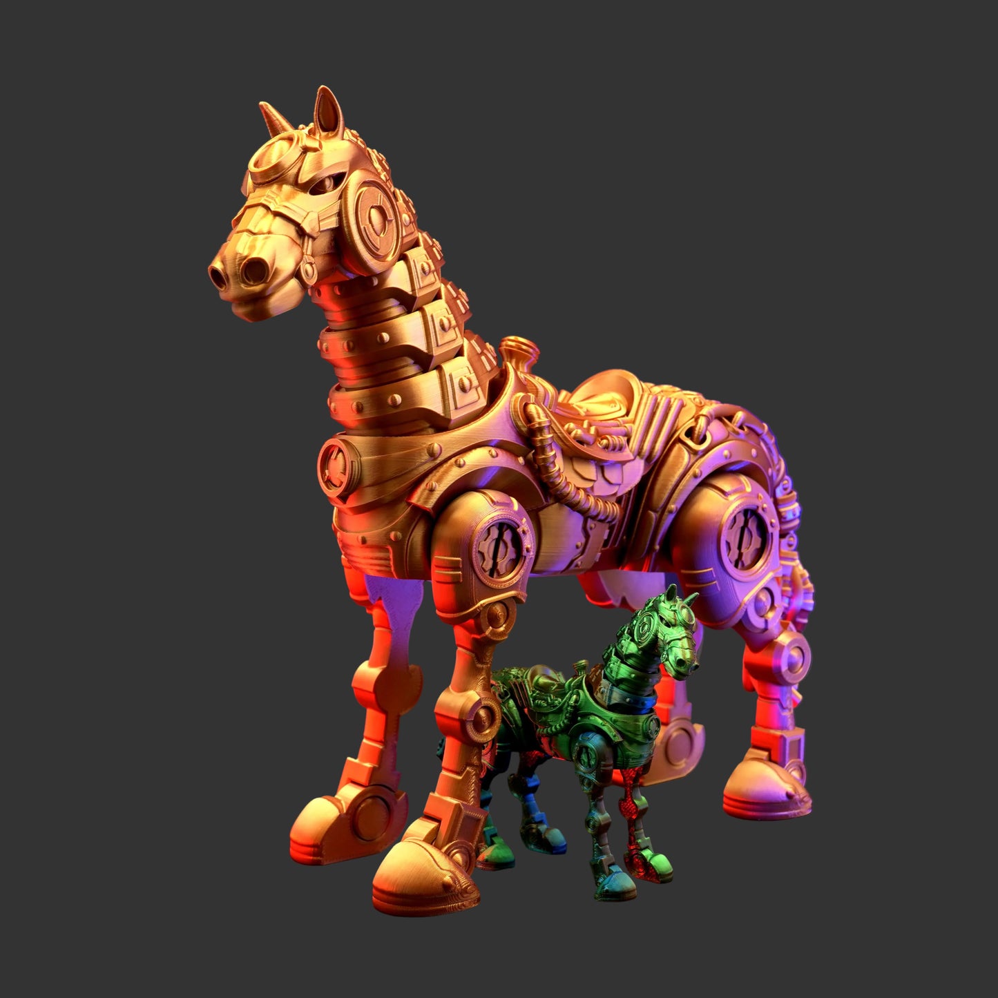 Mechanical horse figure with a smaller green creature underneath, set against a dark background with red and blue lighting.