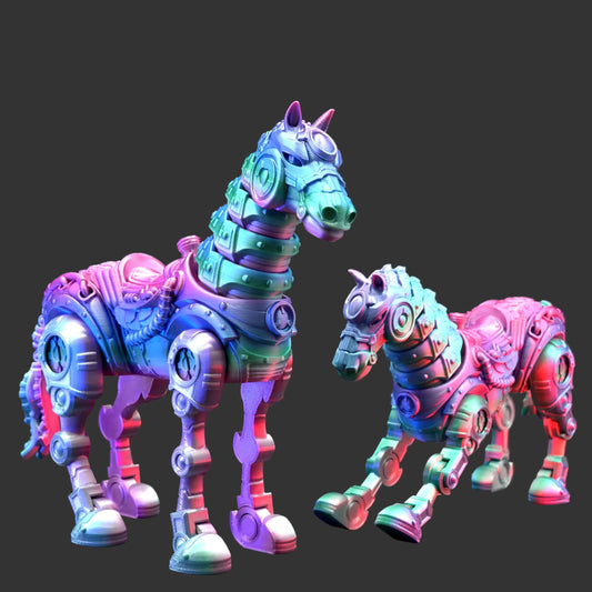 Colorful horse-shaped toys on a dark background