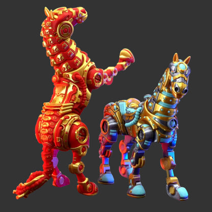 Colorful robot horse figures with 'Flexi Factory' branding on a dark background