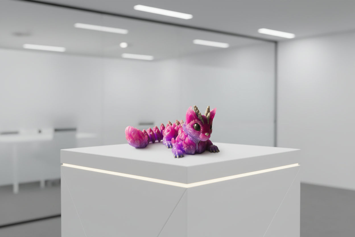 Purple and gray dragon toy on a wooden surface 