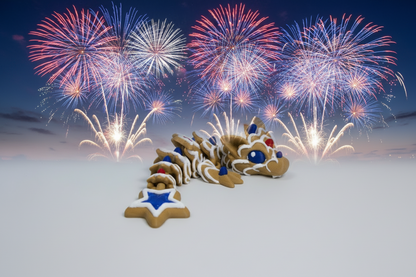 Star-shaped cookie pack with blue stars and red candies on a textured surface